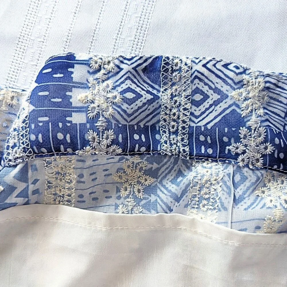 THE SANG Blue Georgette Embroidered Ikat Smocked Shirtdress w/ Weighted Hem Sz S